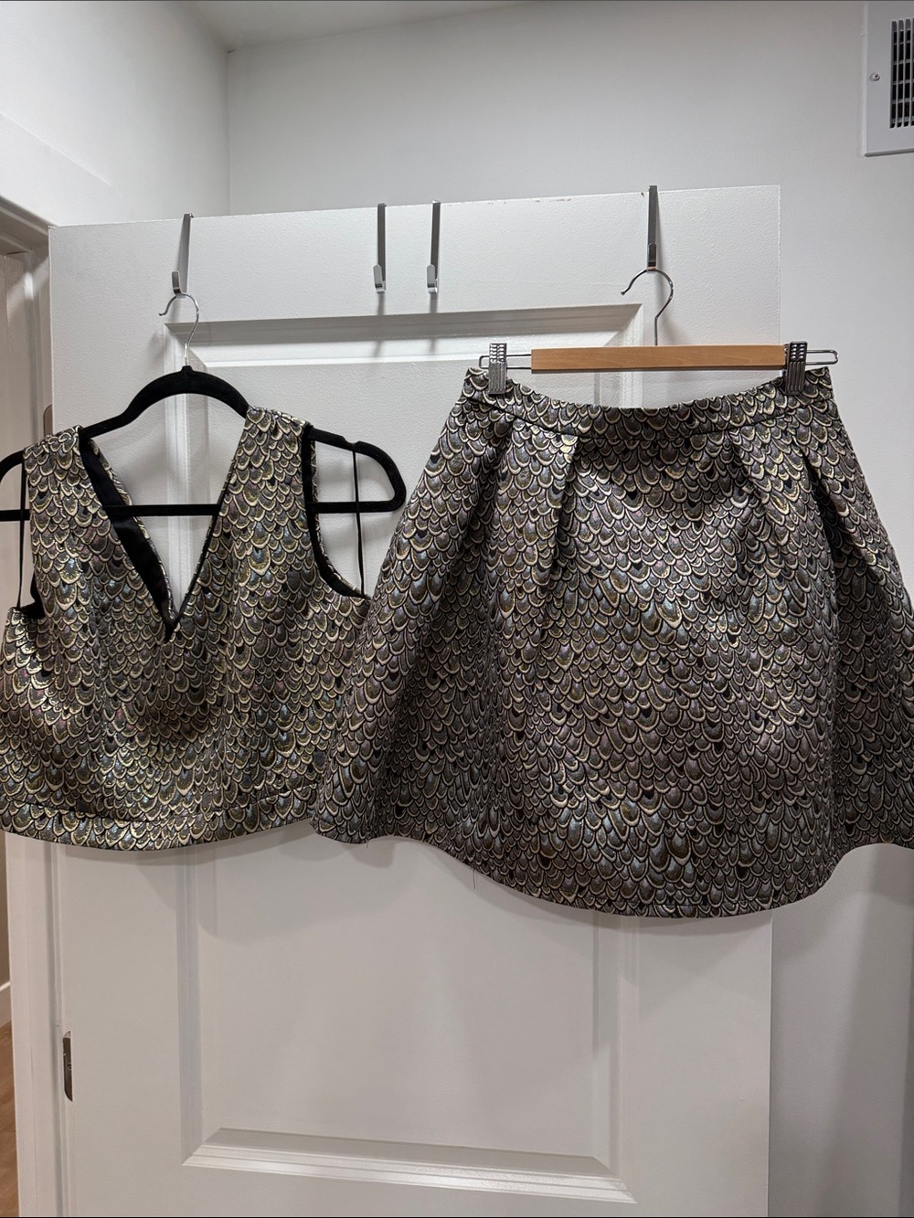 Metallic Scale-Pattern A-Line Skirt and top in Gold and Black